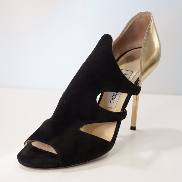 Jimmy Choo Tarine Jimmy Choo Black Suede Gold d'Orsay Leather Pump 38 - Picture 1 of 5